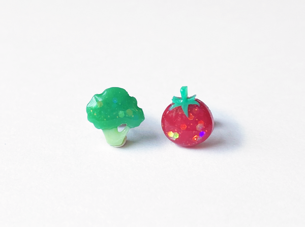broccoli and cherry tomato mismatched earrings
