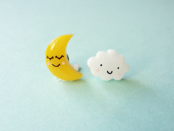 sleepy moon and happy cloud mismatched earrings