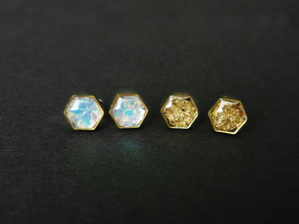 resin hexagon in brass frame earrings - faux opal or gold flakes