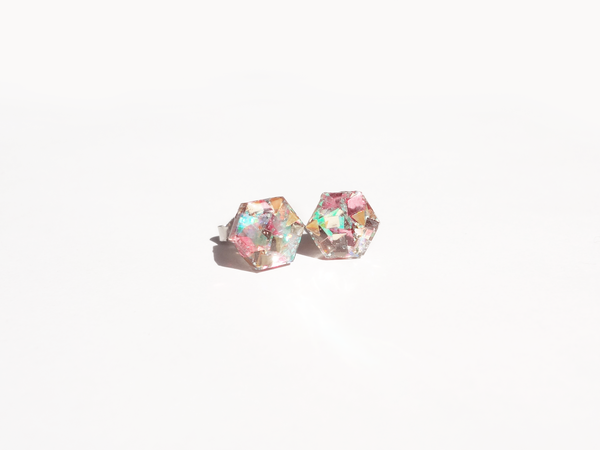 iridescent hexagon earrings - pink or blue