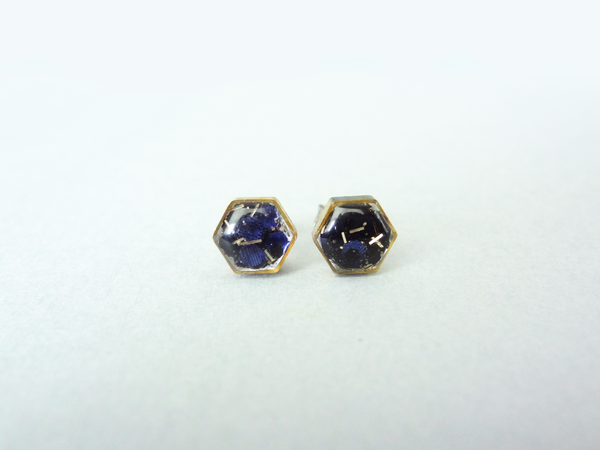 resin hexagon in brass frame earrings - midnight lullaby or white diamonds
