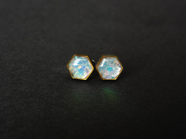 resin hexagon in brass frame earrings - faux opal or gold flakes
