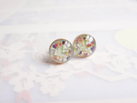 dried flower earrings in brass frame with gold flakes. purple, pastel pink, or pastel blue