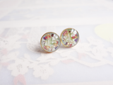 dried flower earrings in brass frame with gold flakes. purple, pastel pink, or pastel blue