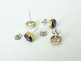resin hexagon in brass frame earrings - midnight lullaby or white diamonds